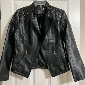 Women's Black Faux Leather Jacket with Lace-Up Detail